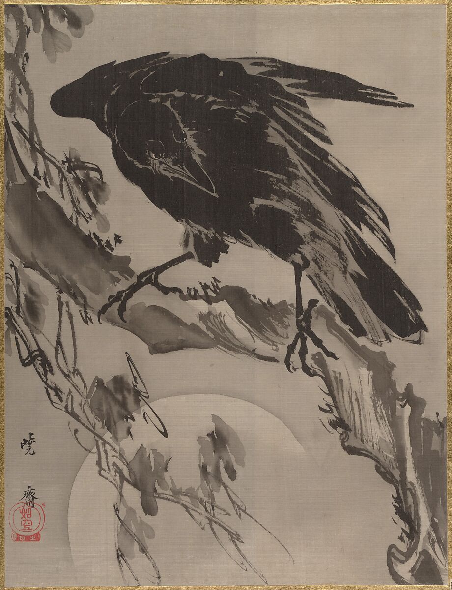 Crow and the Moon, Kawanabe Kyōsai 河鍋暁斎 (Japanese, 1831–1889), Album leaf; ink and color on silk, Japan 