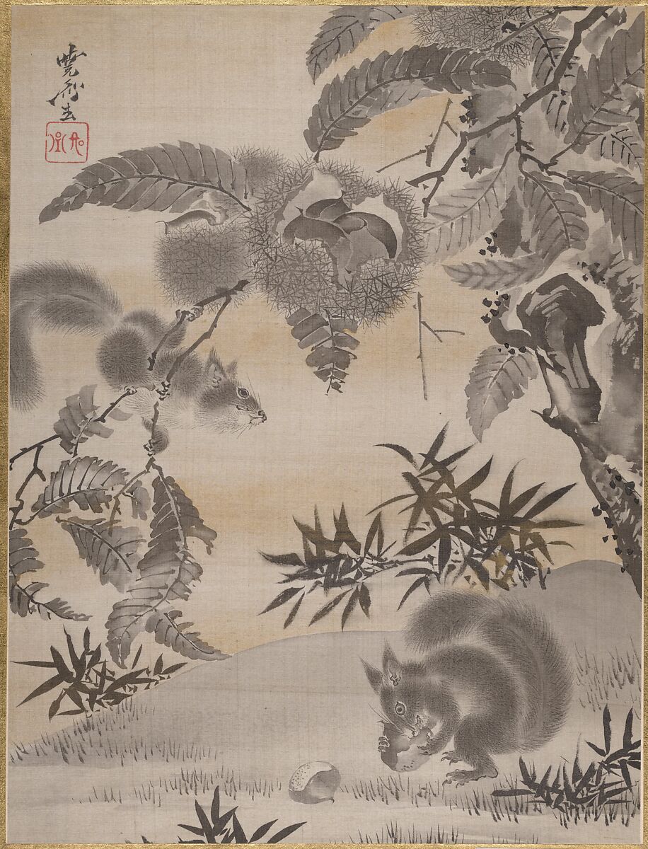 Squirrels Gathering Chestnuts, Kawanabe Kyōsai 河鍋暁斎 (Japanese, 1831–1889), Album leaf; ink and gold on silk, Japan 