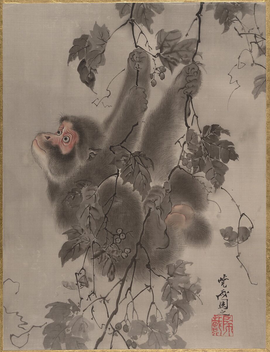 Monkey Hanging from Grapevines, Kawanabe Kyōsai 河鍋暁斎 (Japanese, 1831–1889), Album leaf; ink and red on silk, Japan 