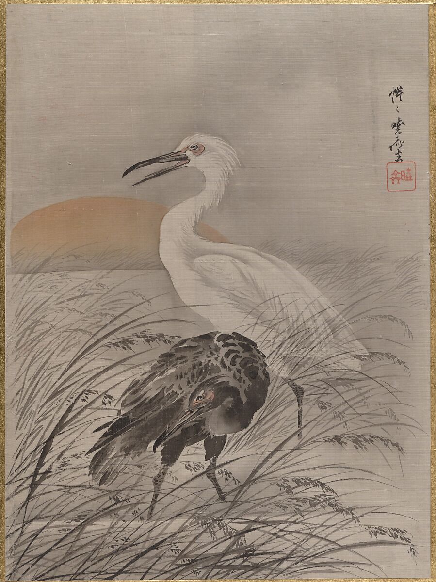 Cranes in Marsh, Kawanabe Kyōsai 河鍋暁斎 (Japanese, 1831–1889), Album leaf; ink and color on silk, Japan 