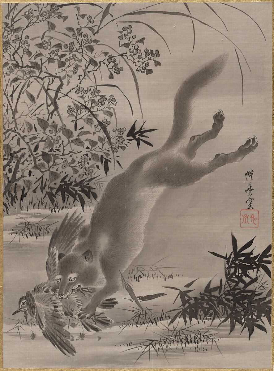 Fox Catching Bird, Kawanabe Kyōsai 河鍋暁斎 (Japanese, 1831–1889), Album leaf; ink and color on silk, Japan 