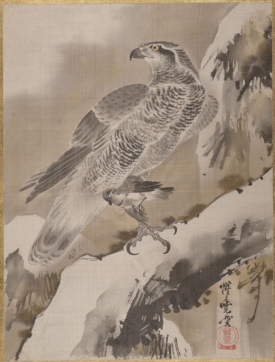 Eagle Holding Small Bird, Kawanabe Kyōsai 河鍋暁斎 (Japanese, 1831–1889), Album leaf; ink and color on silk, Japan 