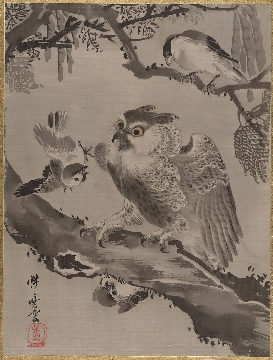 Owl Mocked by Small Birds, Kawanabe Kyōsai 河鍋暁斎 (Japanese, 1831–1889), Album leaf; ink and color on silk, Japan 
