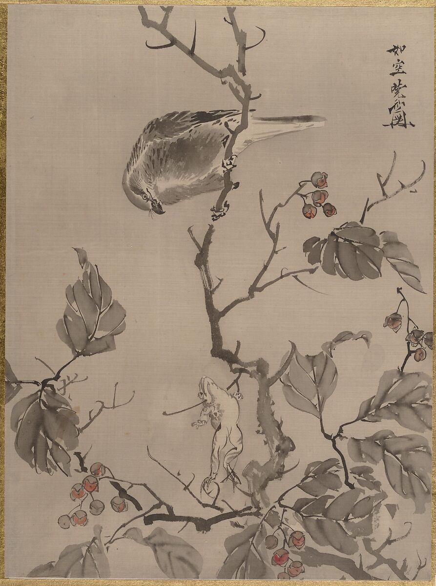Bird and Frog, Kawanabe Kyōsai 河鍋暁斎 (Japanese, 1831–1889), Album leaf; ink and color on silk, Japan 