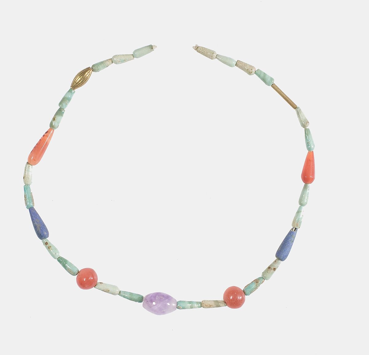 Hepy, String of beads, Amethyst, carnelian, gold, green faience, lapis-lazuli 