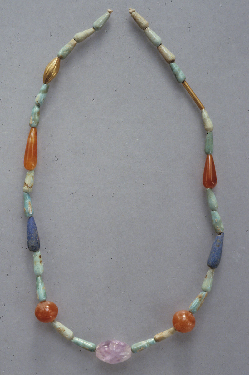 Hepy, String of beads, Amethyst, carnelian, gold, green faience, lapis-lazuli
