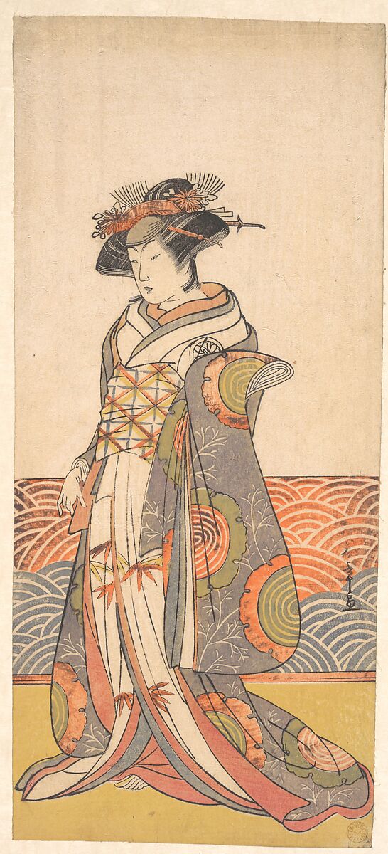 The Third Segawa Kikunojo as a Woman Standing in a Room Having a Wave-pattern Dado, Katsukawa Shunshō　勝川春章 (Japanese, 1726–1792), Woodblock print (nishiki-e); ink and color on paper, Japan 