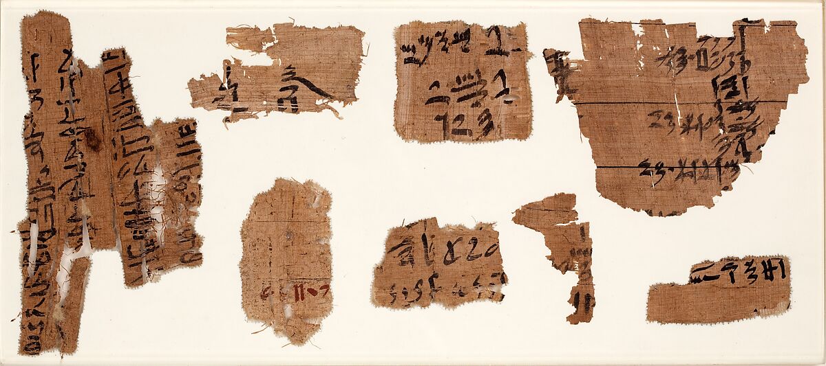 Three frames with papyrus fragments, Papyrus, ink