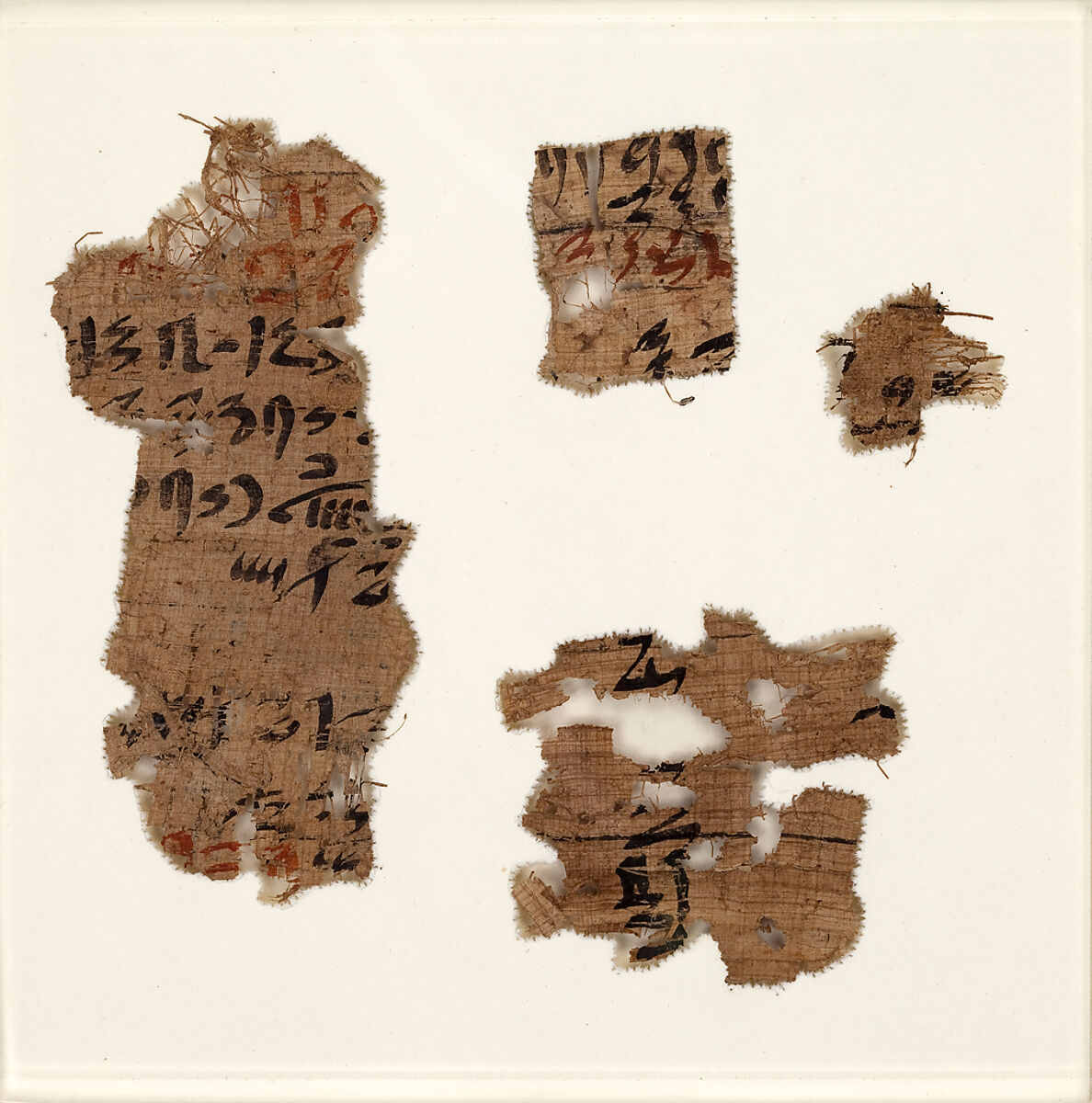 Three frames with papyrus fragments, Papyrus, ink