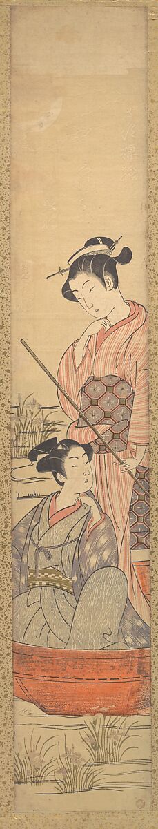 A Young Woman Standing in a Boat Pulling it along and a Young Man Seated in it at Her Feet, Uchimasa, Woodblock print; ink and color on paper, Japan 