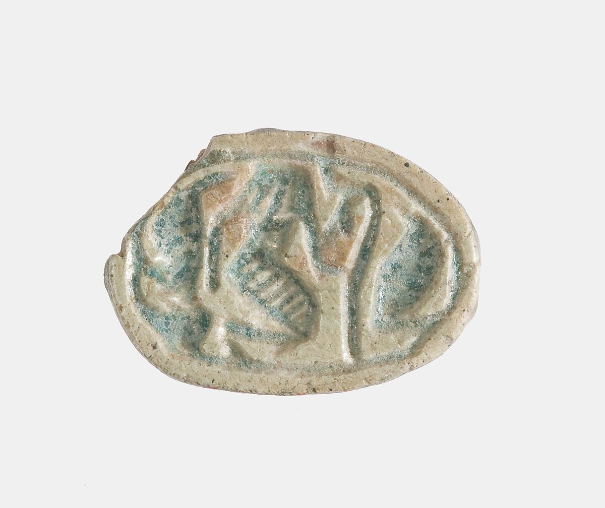 Scarab with the Representation of a Falcon-headed Figure Between Uraei, Green glazed steatite 