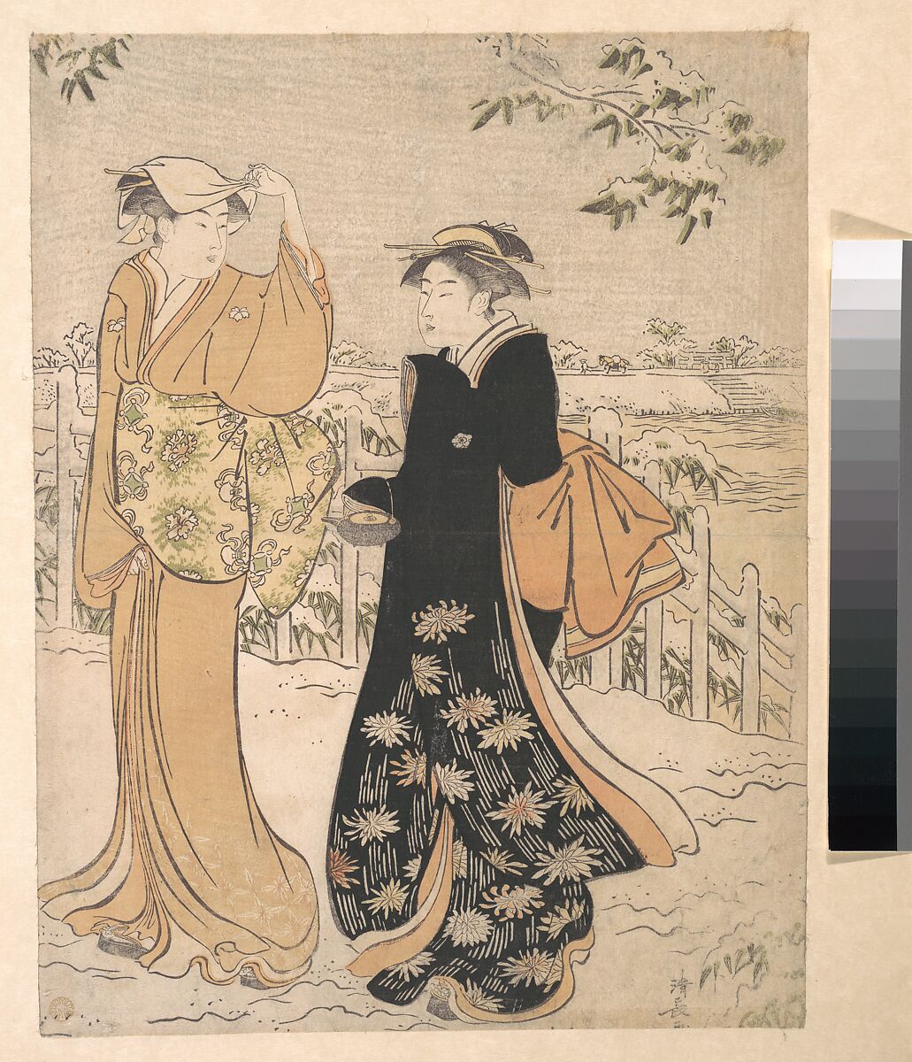 Two Women on Matsuchi Hill Edo, Torii Kiyonaga (Japanese, 1752–1815), Woodblock print; ink and color on paper, Japan 