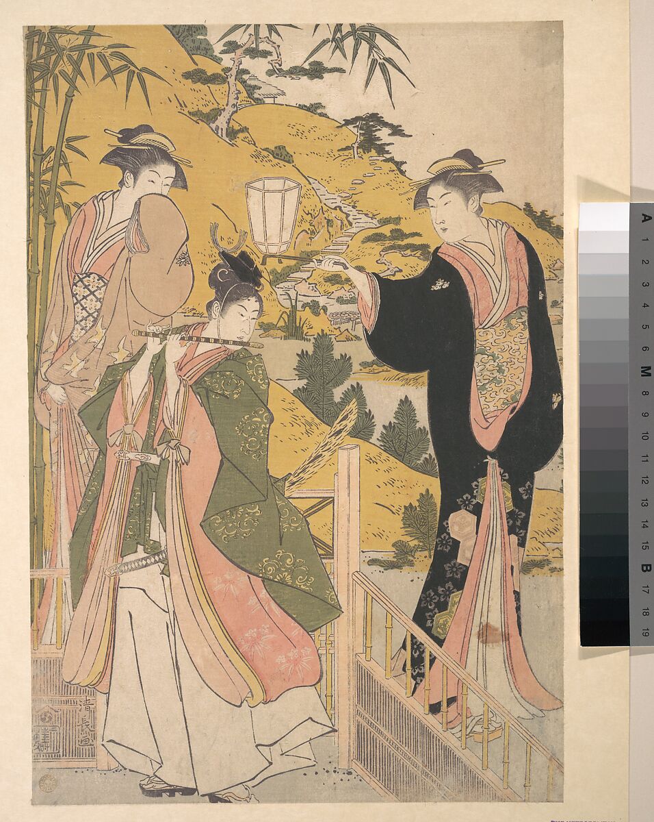 Yoshitsune Serenading Jorurihime, Torii Kiyonaga (Japanese, 1752–1815), Woodblock print; ink and color on paper, Japan 