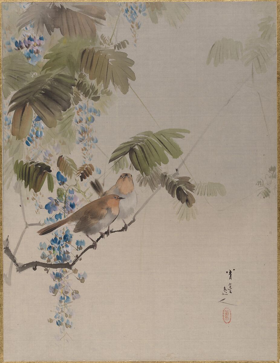 Birds and Flowers, Watanabe Seitei (Japanese, 1851–1918), Album leaf; ink and color on silk, Japan 