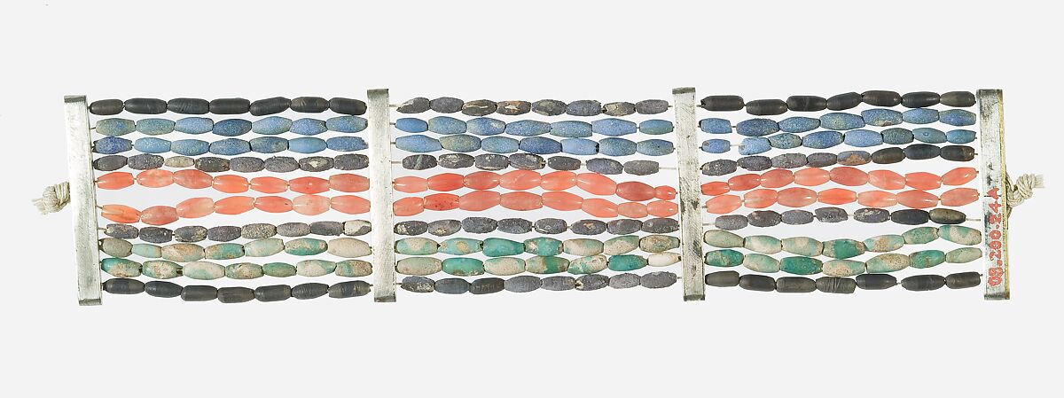 Pair of bracelets, Silver, green faience, blue paste, carnelian 