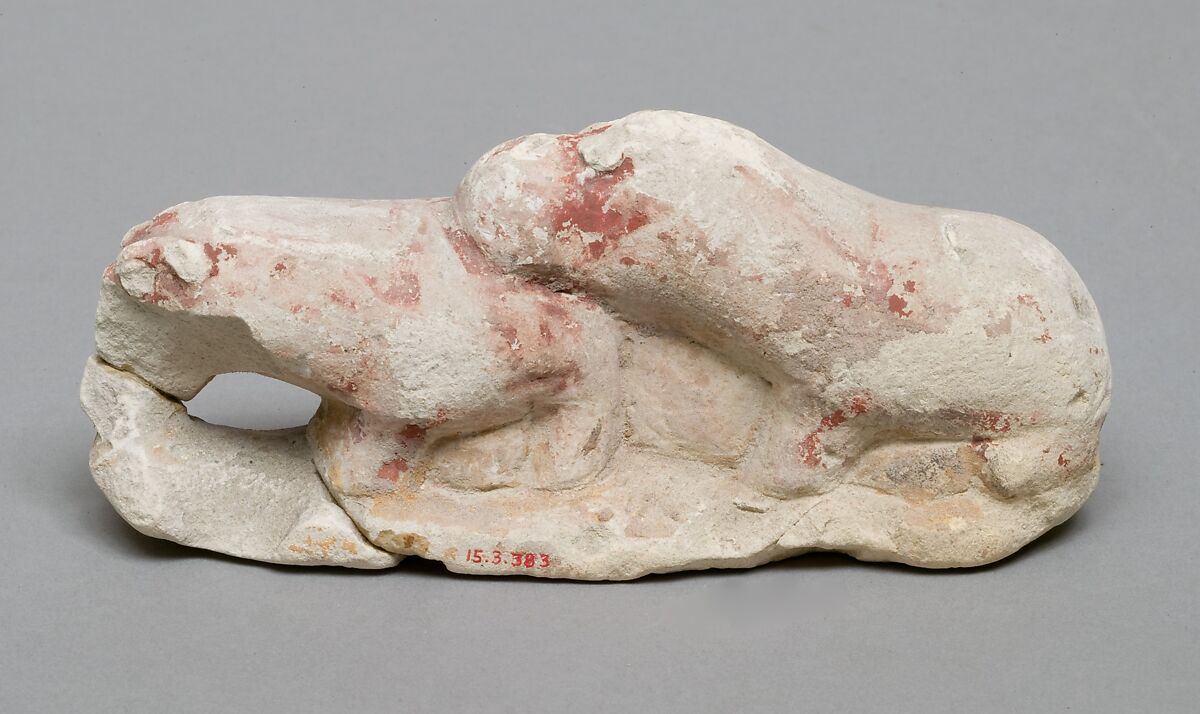 Two hippopotami figurine, Limestone, red paint
