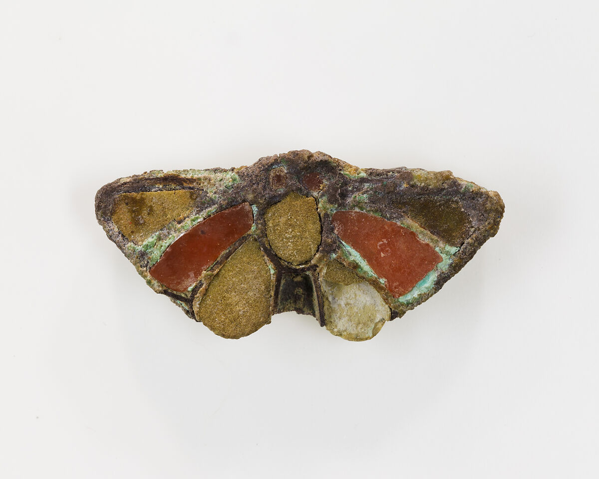 Butterfly amulet, Silver, carnelian, faience 