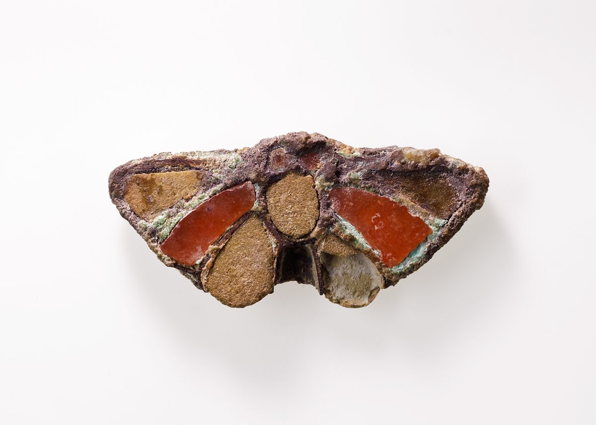 Butterfly amulet, Silver, carnelian, faience