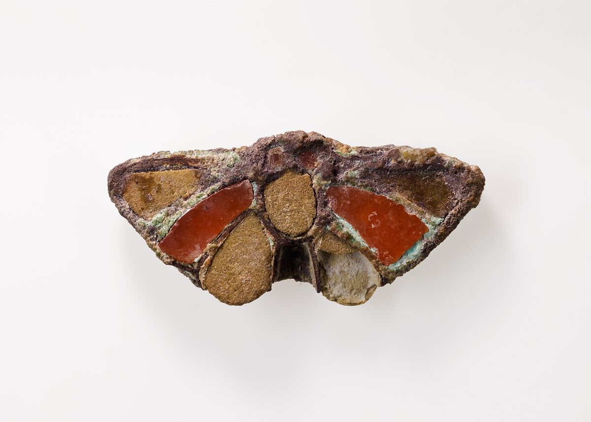 Butterfly amulet, Silver, carnelian, faience
