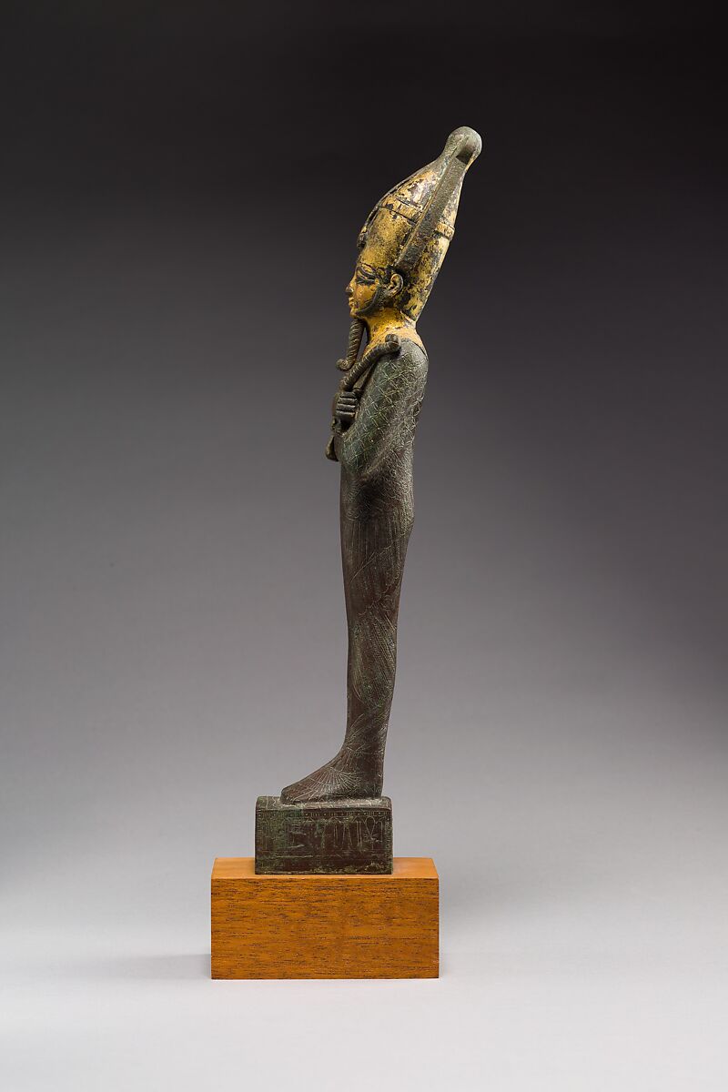Statuette of Osiris with the epithets Neb Ankh and Khentyimentiu, donated by Padihorpare, Cupreous metal, gold leaf