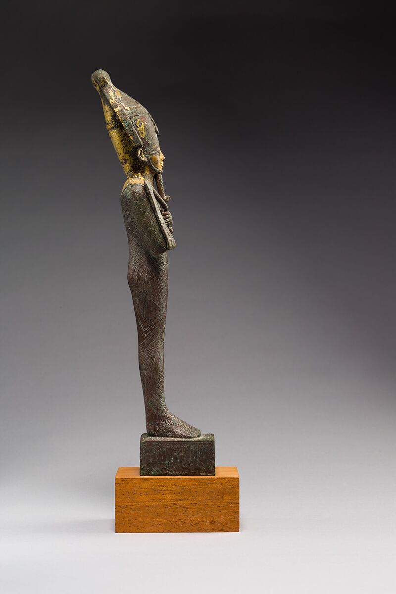 Statuette of Osiris with the epithets Neb Ankh and Khentyimentiu, donated by Padihorpare, Cupreous metal, gold leaf
