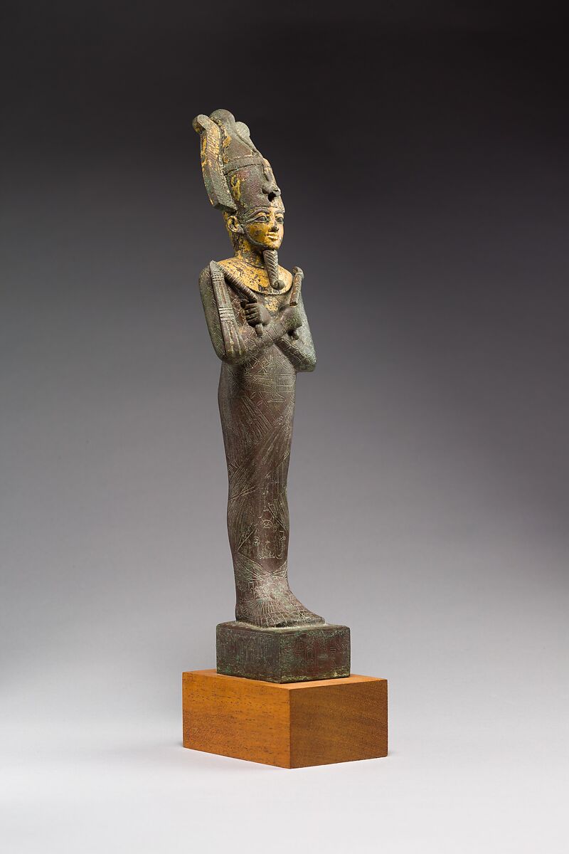Statuette of Osiris with the epithets Neb Ankh and Khentyimentiu, donated by Padihorpare, Cupreous metal, gold leaf