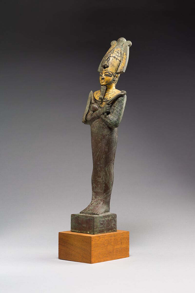 Statuette of Osiris with the epithets Neb Ankh and Khentyimentiu, donated by Padihorpare, Cupreous metal, gold leaf