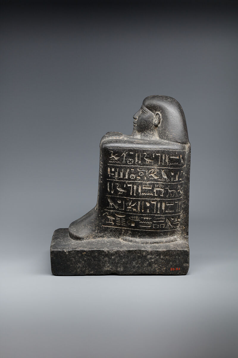 Block Statue of the Scribe of Divine Offerings, Tjaenwaset, son of Harsiese, Dolerite
