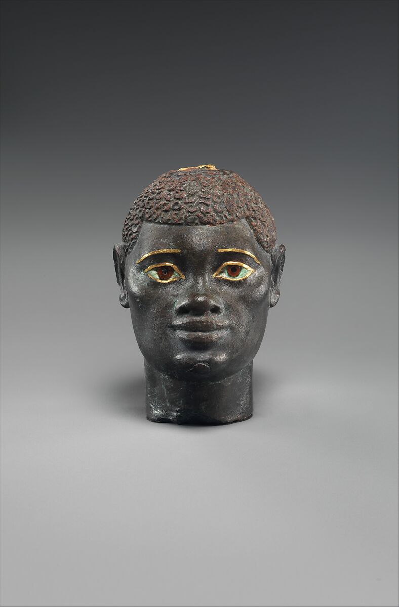 Head of an "Ethiopian" depicted in Hellenistic mode, Black bronze, gold, carnelian, obsidian 