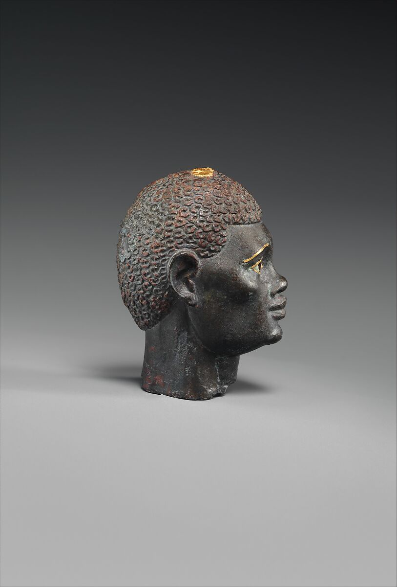 Head of an "Ethiopian" depicted in Hellenistic mode, Black bronze, gold, carnelian, obsidian
