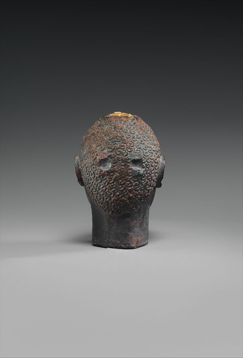 Head of an "Ethiopian" depicted in Hellenistic mode, Black bronze, gold, carnelian, obsidian