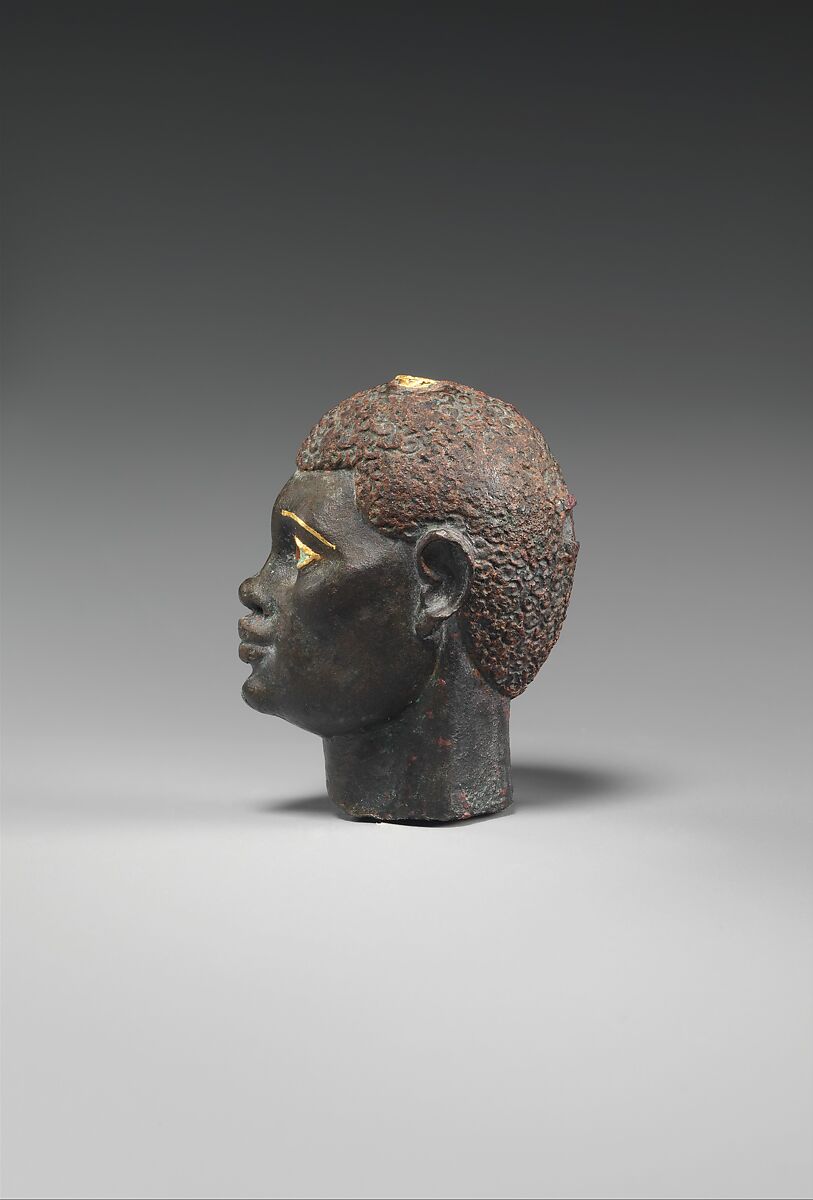 Head of an "Ethiopian" depicted in Hellenistic mode, Black bronze, gold, carnelian, obsidian