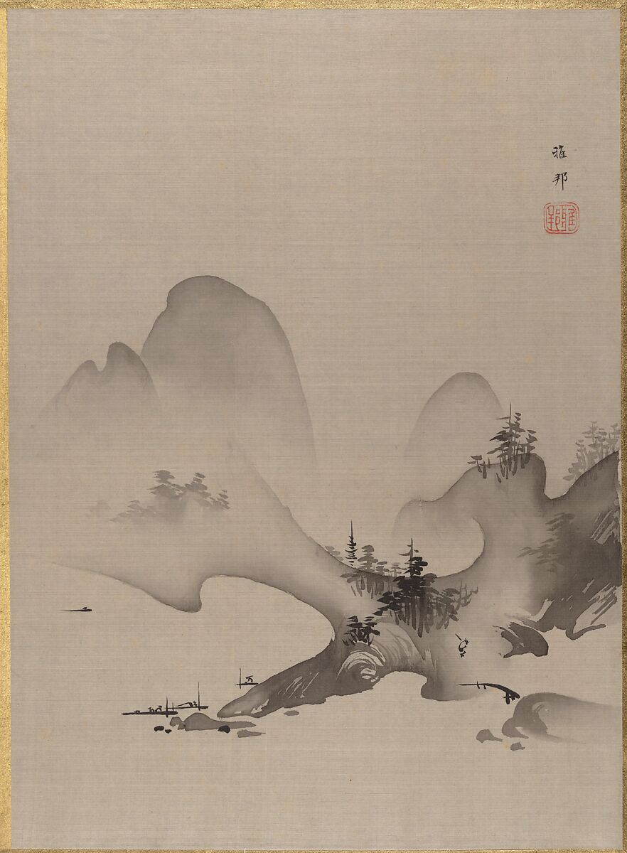 Lake and Mountains, Hashimoto Gahō (Japanese, 1835–1908), Album leaf; ink and color on silk, Japan 