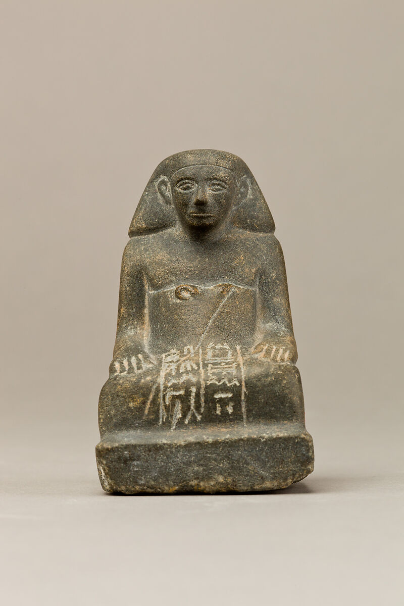 Offering table with statuette of Sehetepib, Limestone table; greywacke statuette