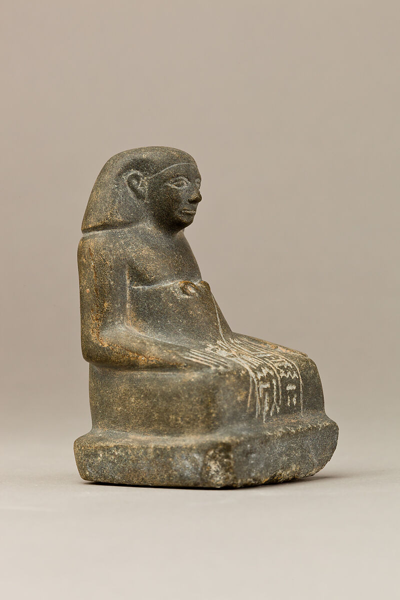Offering table with statuette of Sehetepib, Limestone table; greywacke statuette
