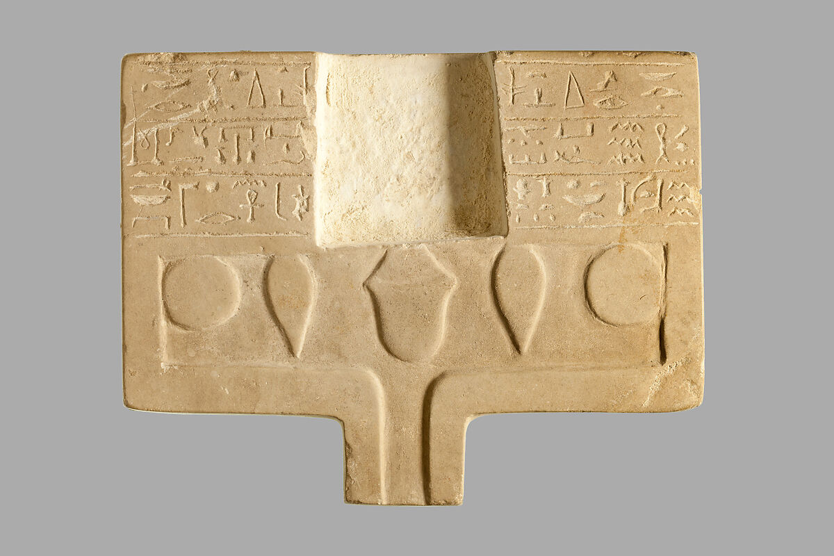 Offering table with statuette of Sehetepib, Limestone table; greywacke statuette