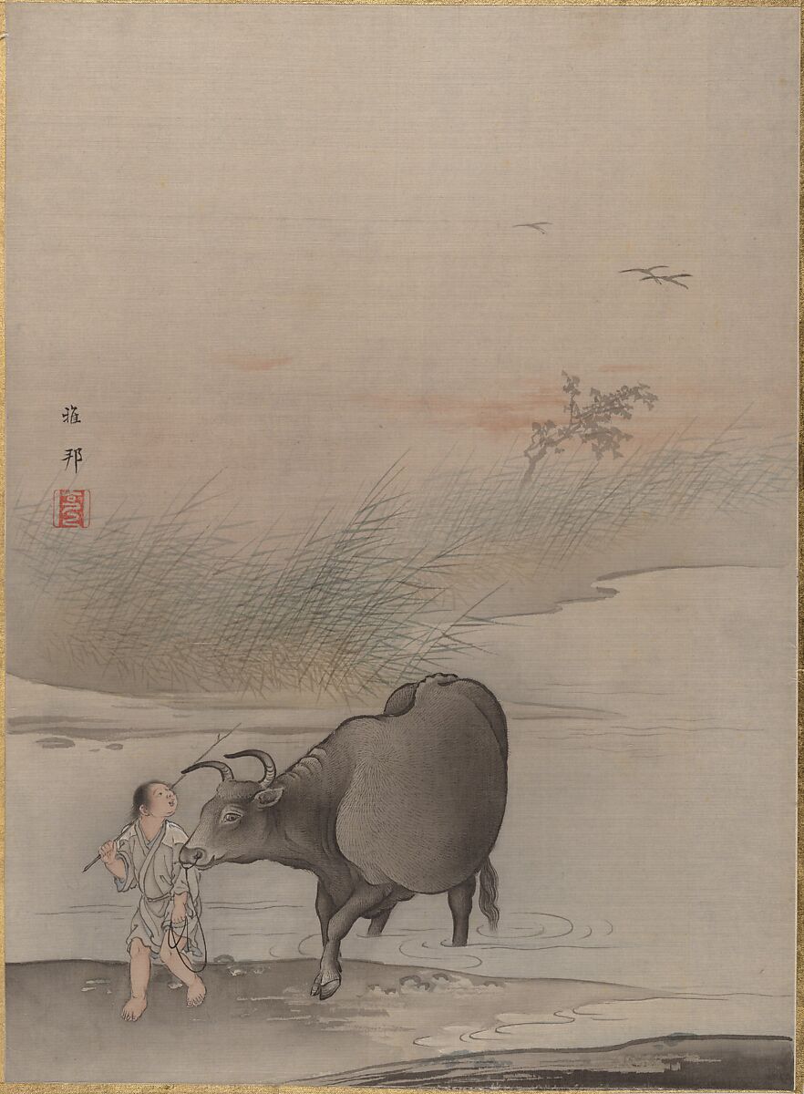Boy with Cow at the River's Edge, Hashimoto Gahō (Japanese, 1835–1908), Album leaf; ink and color on silk, Japan 
