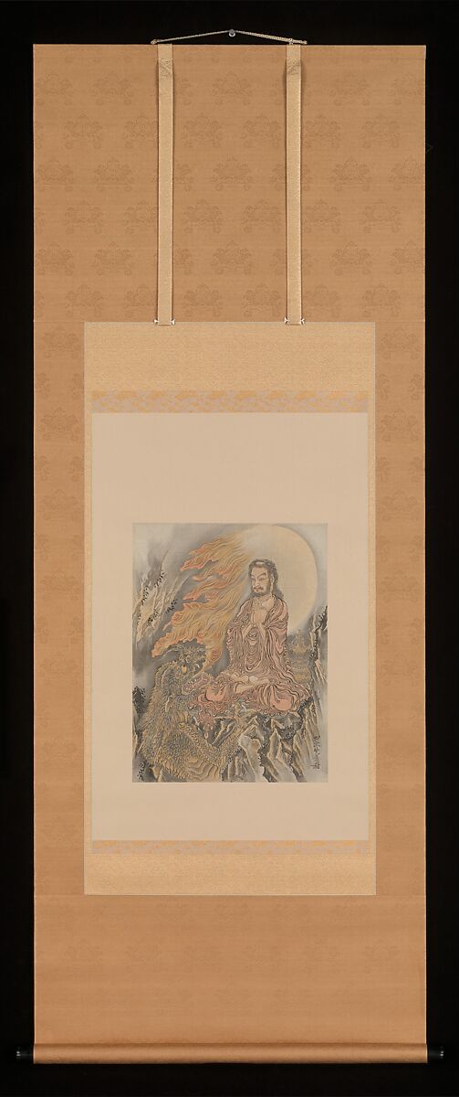Shakyamuni Subjugating Demons, Kawanabe Kyōsai 河鍋暁斎 (Japanese, 1831–1889), Album leaf mounted as a hanging scroll; ink and color on silk, Japan