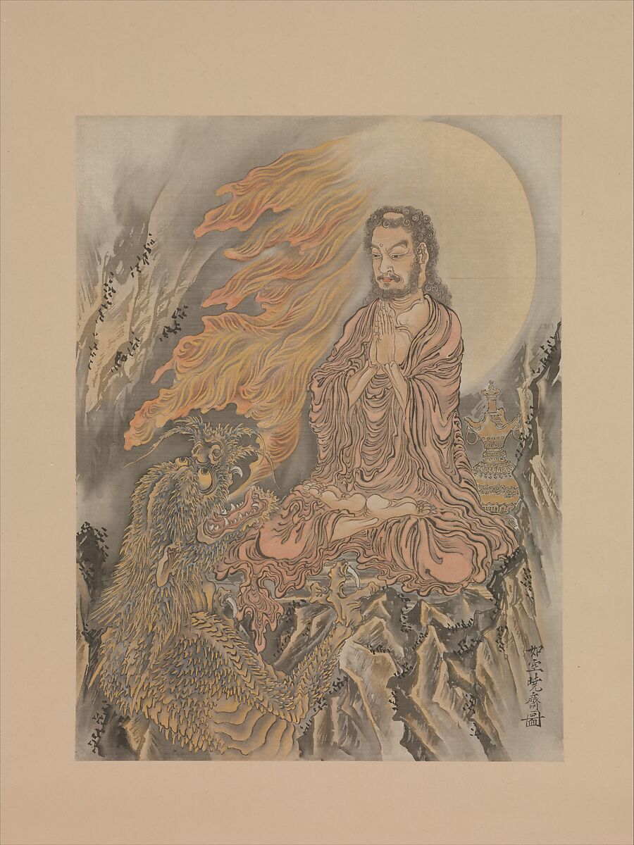 Shakyamuni Subjugating Demons, Kawanabe Kyōsai 河鍋暁斎 (Japanese, 1831–1889), Album leaf mounted as a hanging scroll; ink and color on silk, Japan 