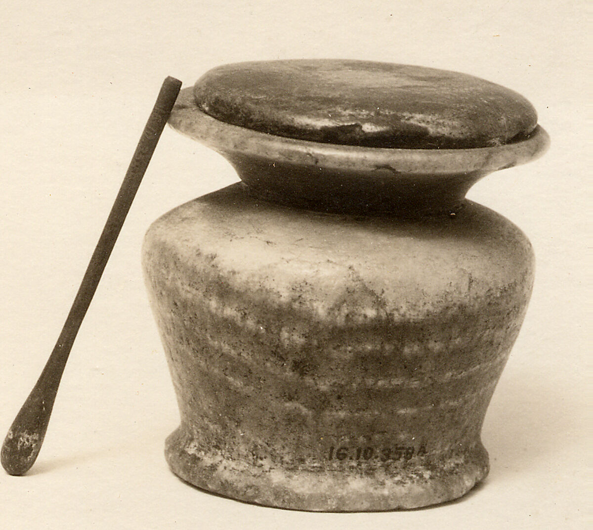 Kohl Jar and Stick, Travertine (Egyptian alabaster)