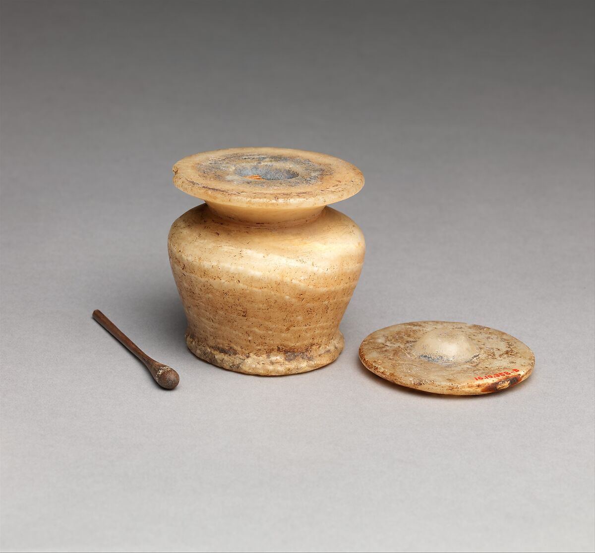 Kohl Jar and Stick, Travertine (Egyptian alabaster) 
