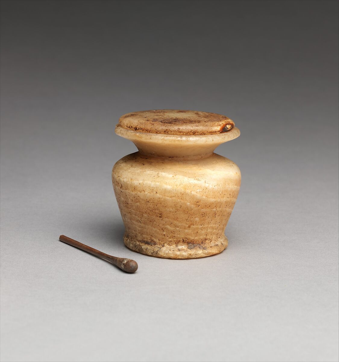 Kohl Jar and Stick, Travertine (Egyptian alabaster)