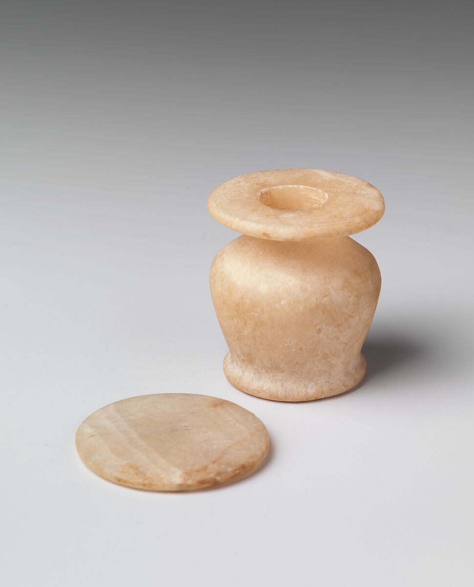 Kohl Jar and Lid, Travertine (Egyptian alabaster)