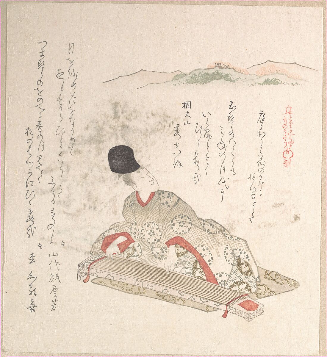 Young Nobleman Playing Koto (Harp), Kubo Shunman (Japanese, 1757–1820), Woodblock print (surimono); ink and color on paper, Japan 