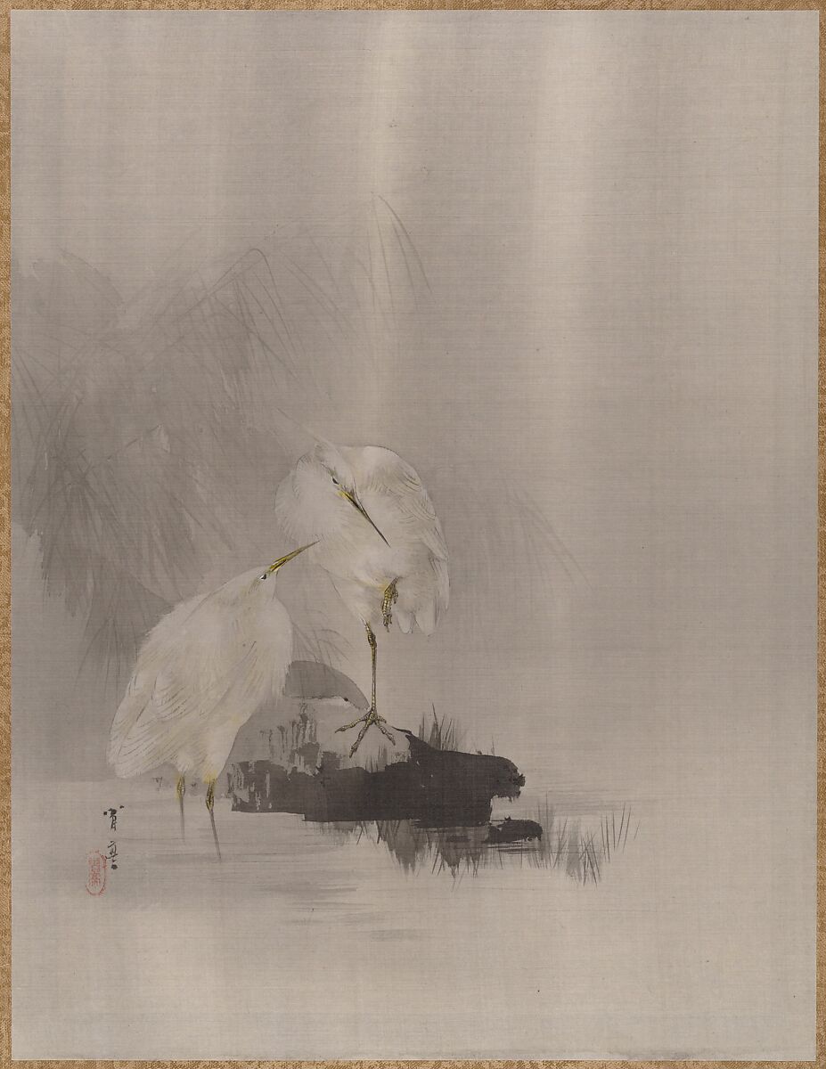 Egrets at the Water's Edge, Watanabe Seitei (Japanese, 1851–1918), Album leaf; ink and color on silk, Japan 