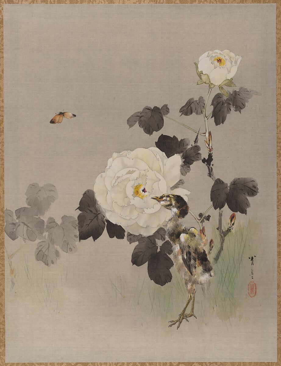 Roses, Young Bird and a Butterfly, Watanabe Seitei (Japanese, 1851–1918), Album leaf; ink and color on silk, Japan 