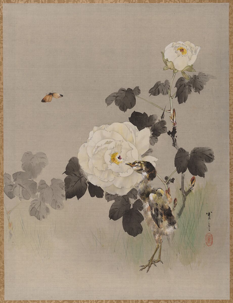 Watanabe Seitei | Roses, Young Bird and a Butterfly | Japan 