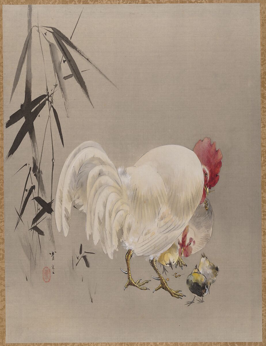 Rooster and Hen with Chicks, Watanabe Seitei (Japanese, 1851–1918), Album leaf; ink and color on silk, Japan 