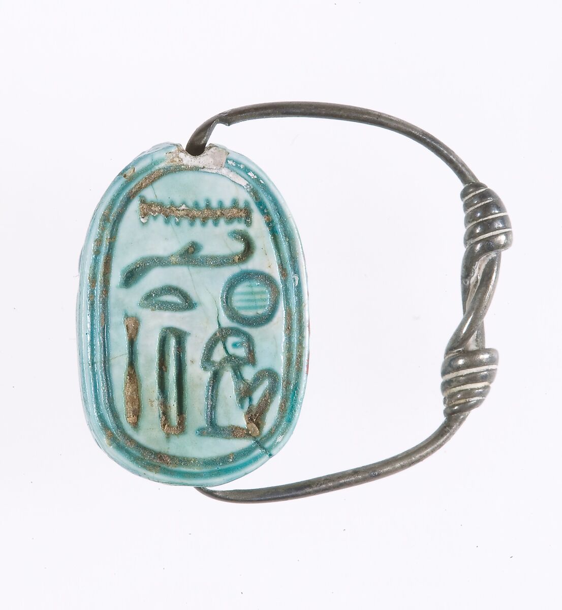 Scarab Finger Ring Inscribed for Nakht, Glazed steatite, silver 