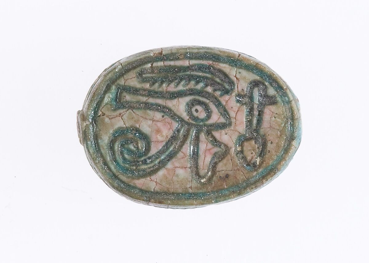 Scarab Inscribed With a Wedjat Eye and a Nefer Hieroglyph, Blue glazed steatite 